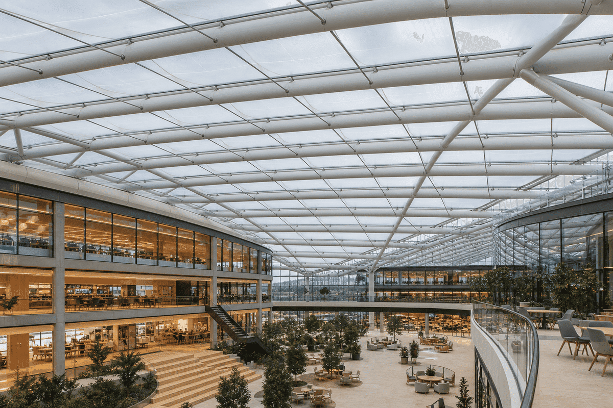 Long-span translucent ETFE roof over an office atrium