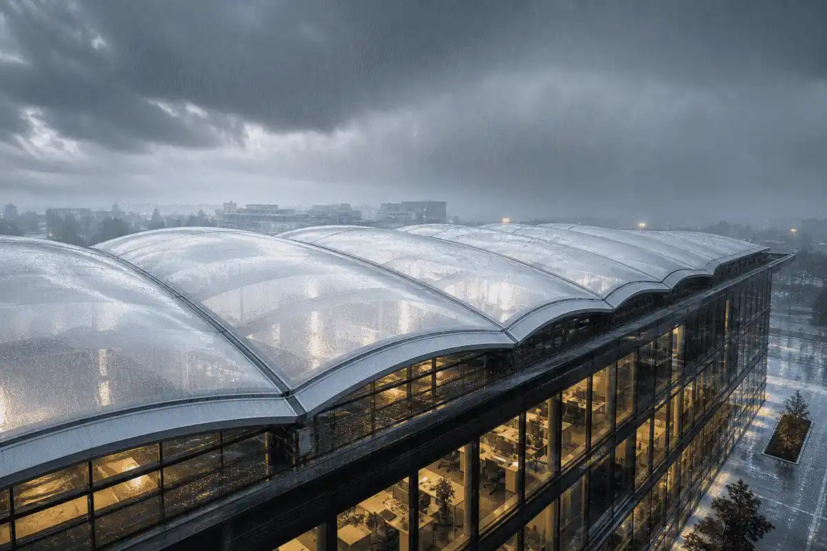ETFE office roof under storm lighting and rain — Office Building ETFE Roofing