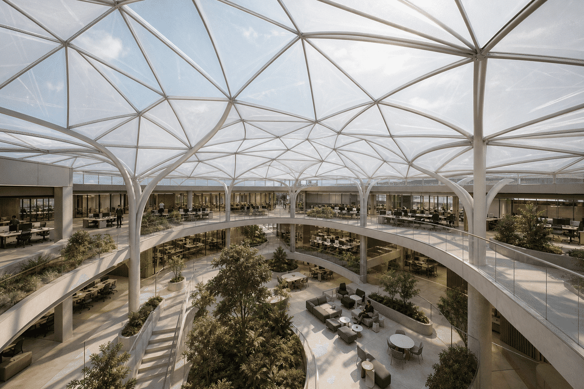 Freeform curved ETFE cushion field on an office building