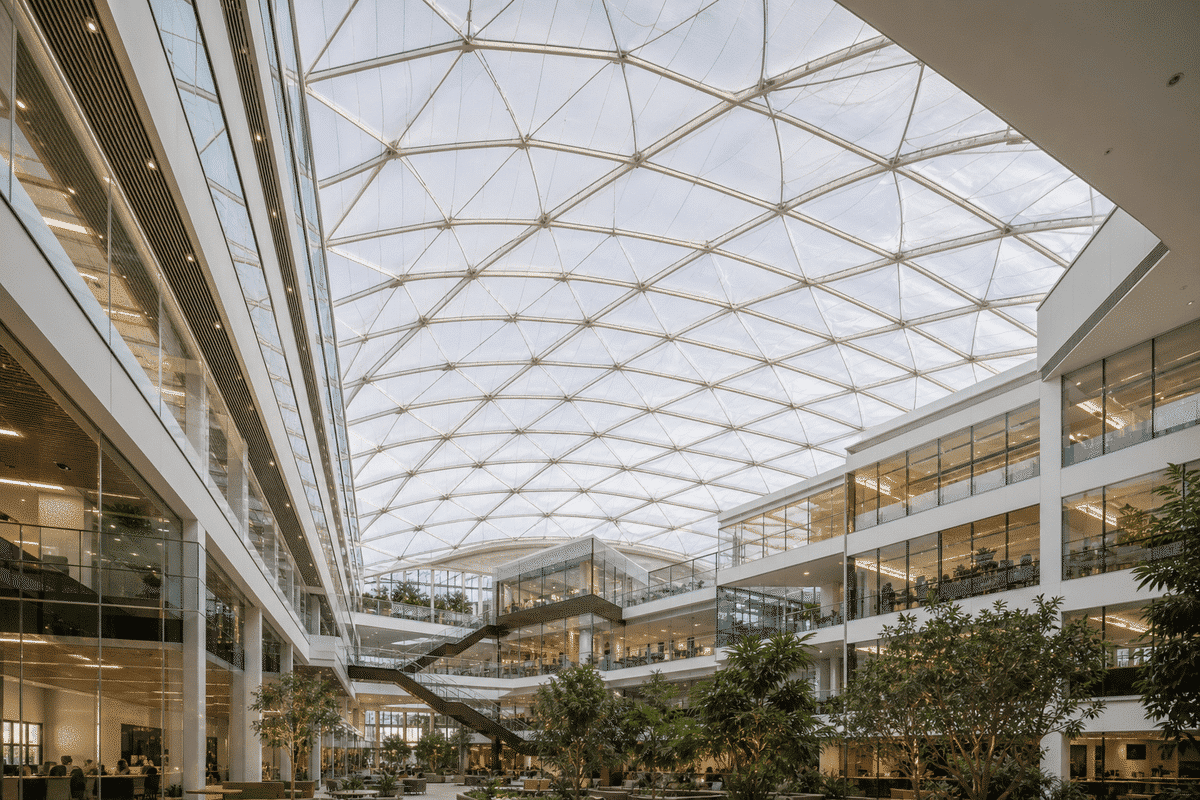 Exterior silhouette of a modern office building ETFE roof