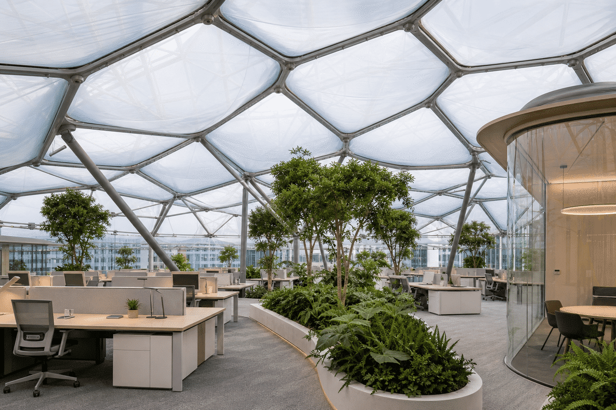 Workplace atrium under a luminous ETFE air cushion roof