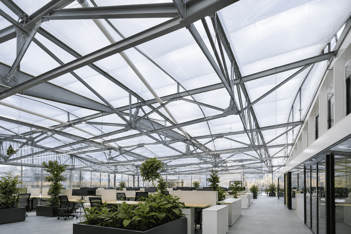 Primary steel roof grid prepared for office ETFE cushions