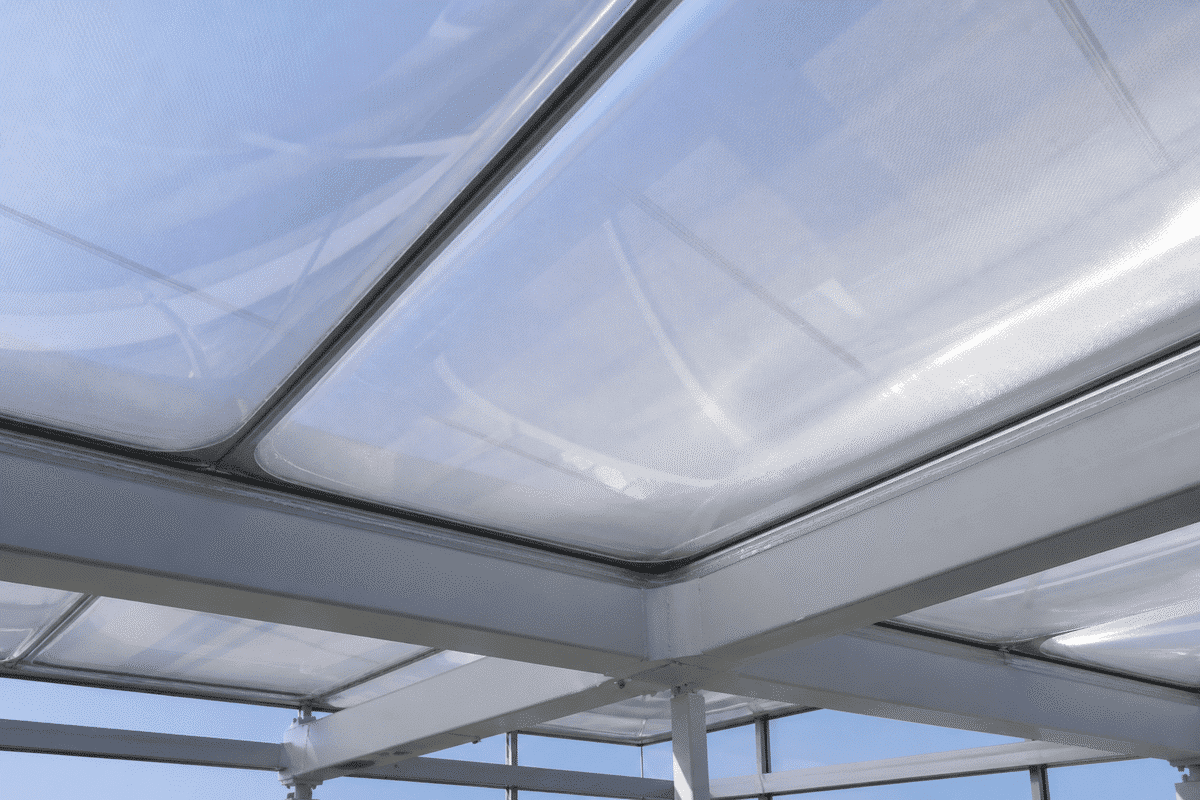 Detail of multi-layer translucent ETFE air cushion assembly