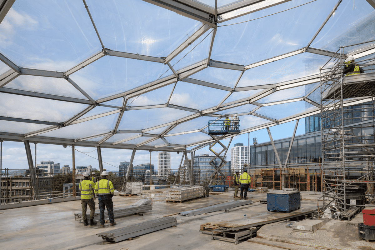 Construction stage installing ETFE modules on office steel grid
