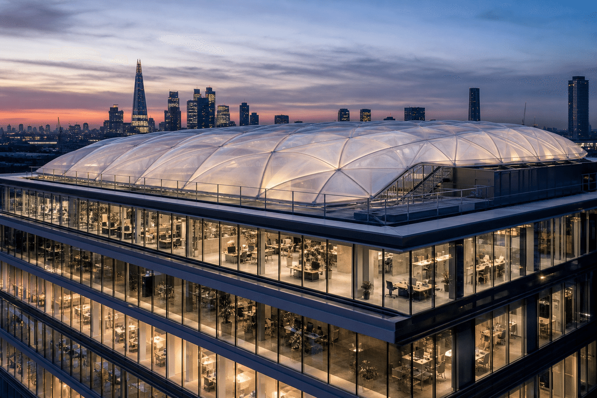 Completed office building with finished ETFE envelope