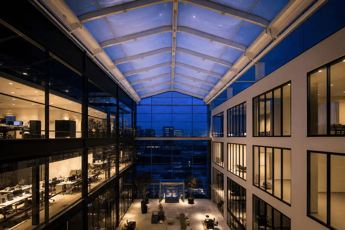 Night view of office building softly glowing through ETFE — Office Building ETFE Roofing systems