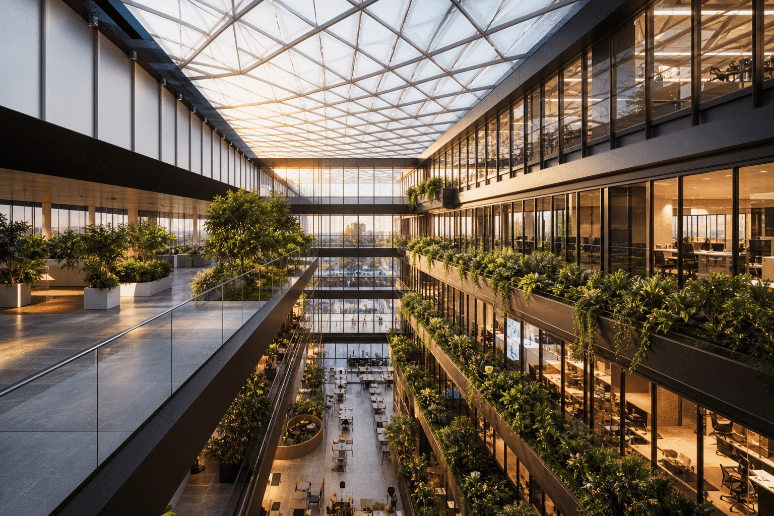 Daylight-rich office atrium under a translucent ETFE skylight roof