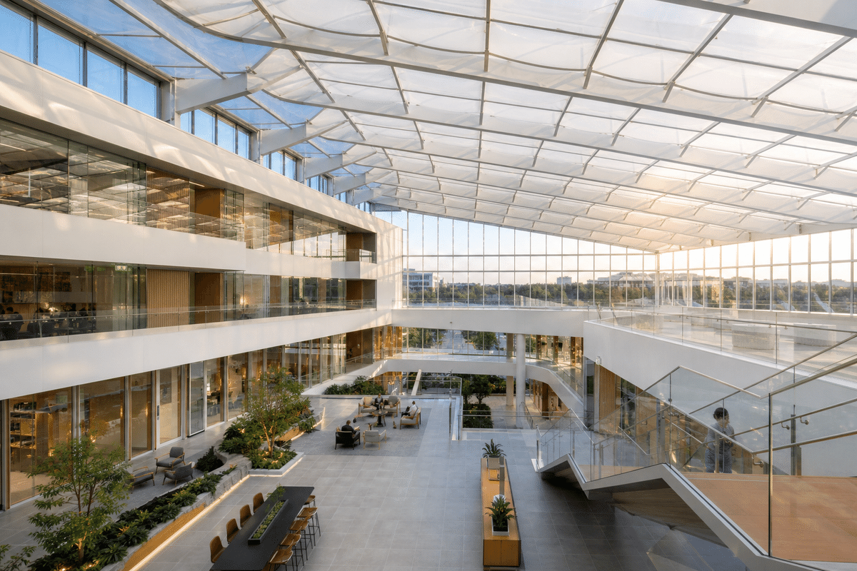 Daylit office workplace atrium under a translucent ETFE roof