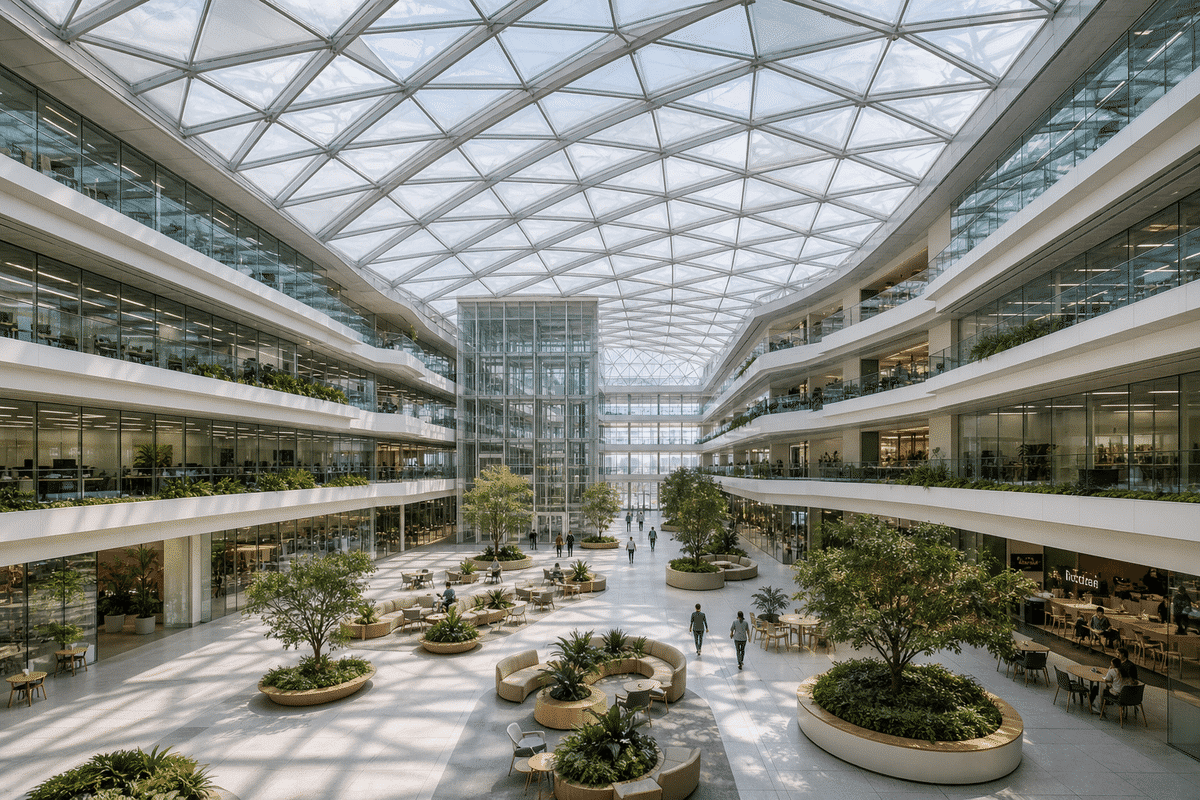 Completed office building with translucent ETFE atrium roof