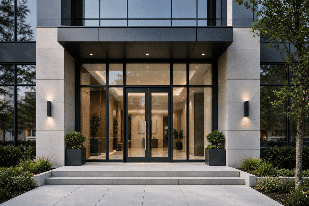Office building entrance with elegant ETFE canopy