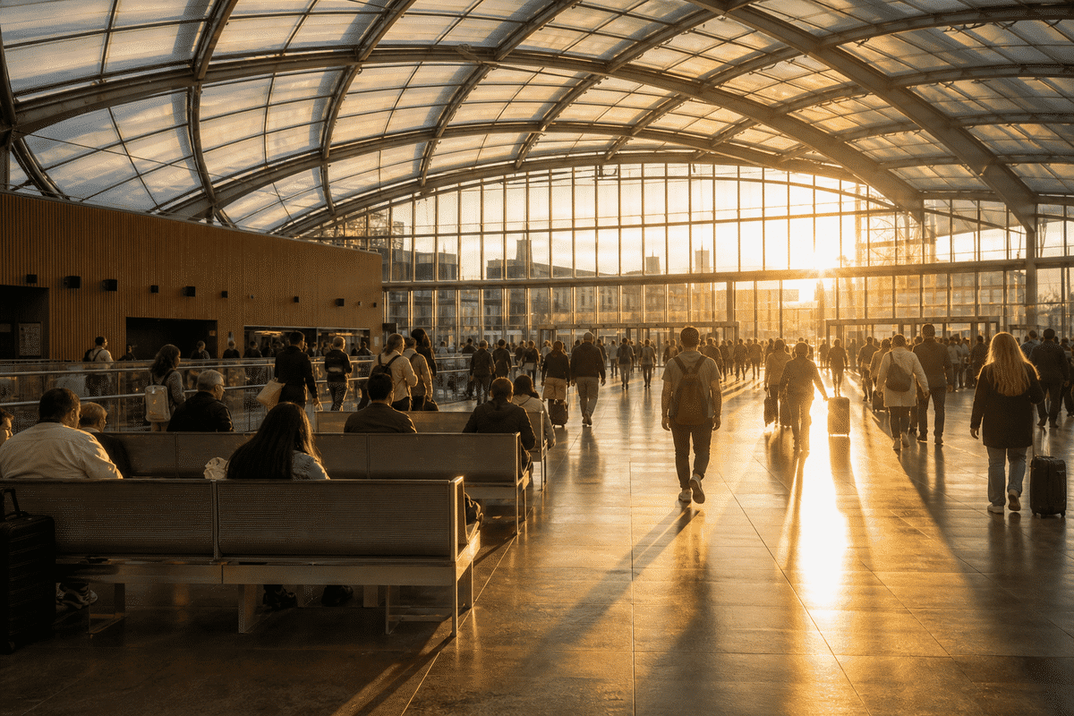 Natural daylight washing a railway hall through an ETFE roof