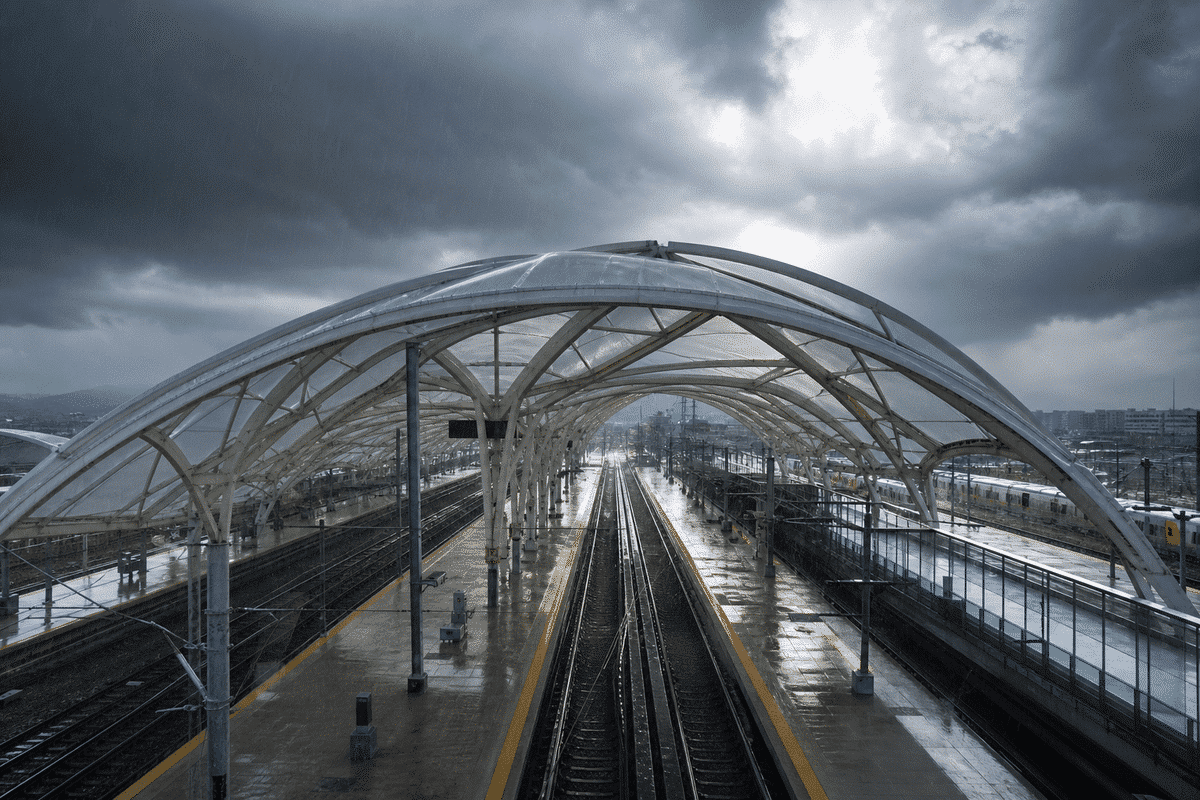 ETFE railway station roof under storm lighting and rain