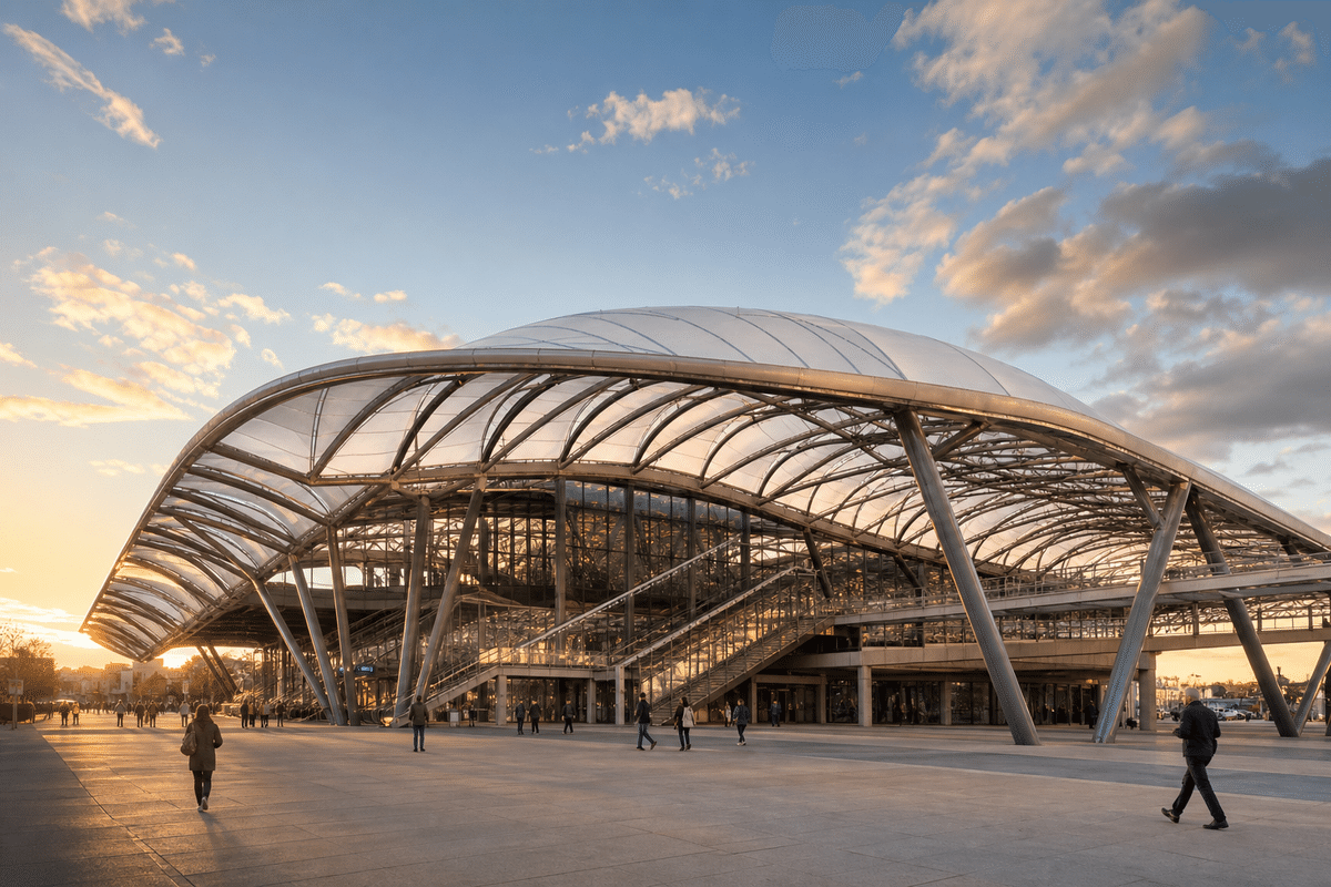 Exterior silhouette of a modern railway station ETFE roof