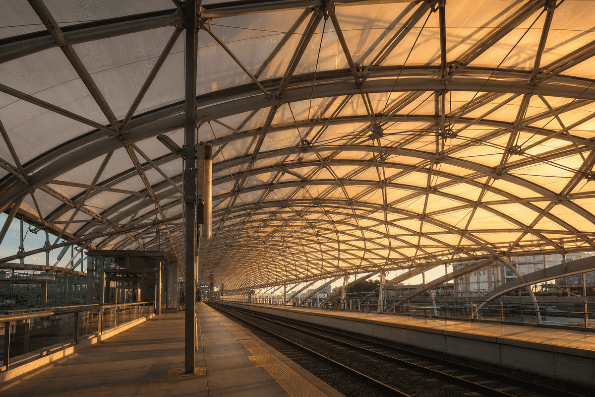 Railway interior looking up at a daylit ETFE cushion roof