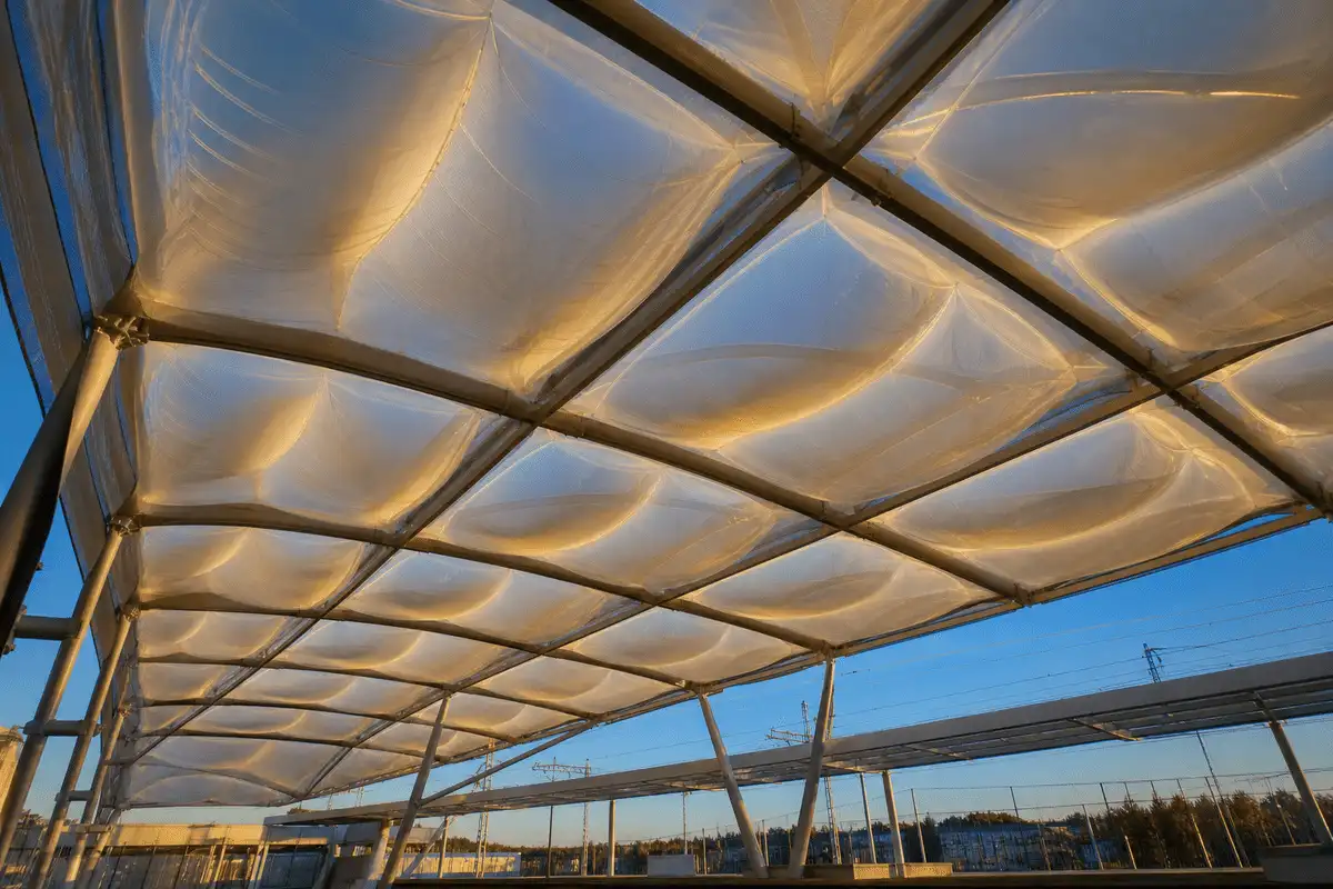 Detail of multi-layer translucent ETFE air cushion assembly — Railway Station ETFE Roofing systems