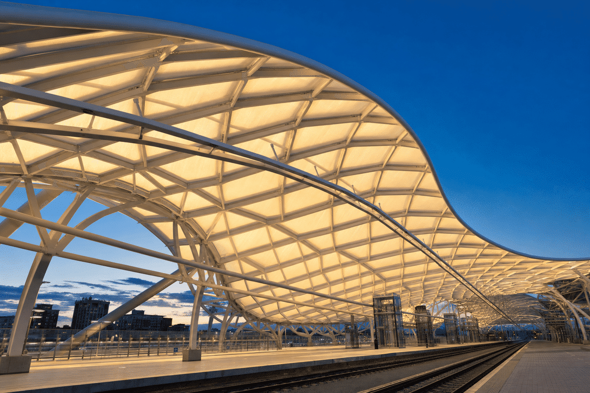 Completed railway station with finished ETFE roof envelope