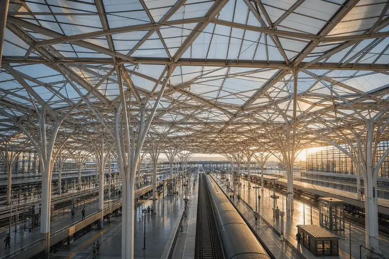 Daylit railway station hall under a translucent ETFE roof — Railway Station ETFE Roofing systems