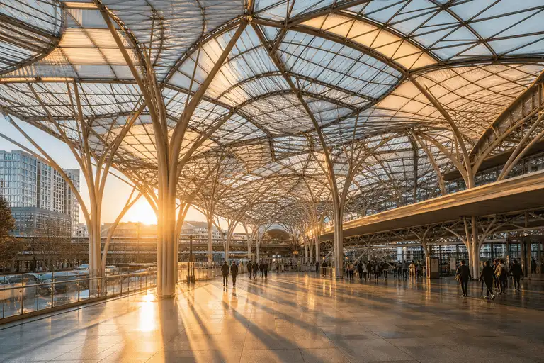 Railway concourse with sweeping ETFE skylight — Railway Station ETFE Roofing