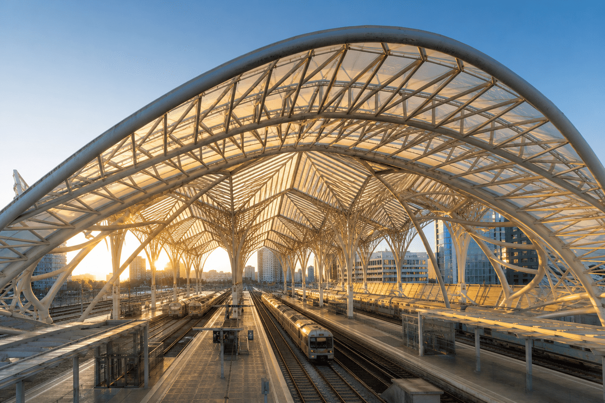 Still of multi-layer ETFE air cushion installation on a long-span railway station roof