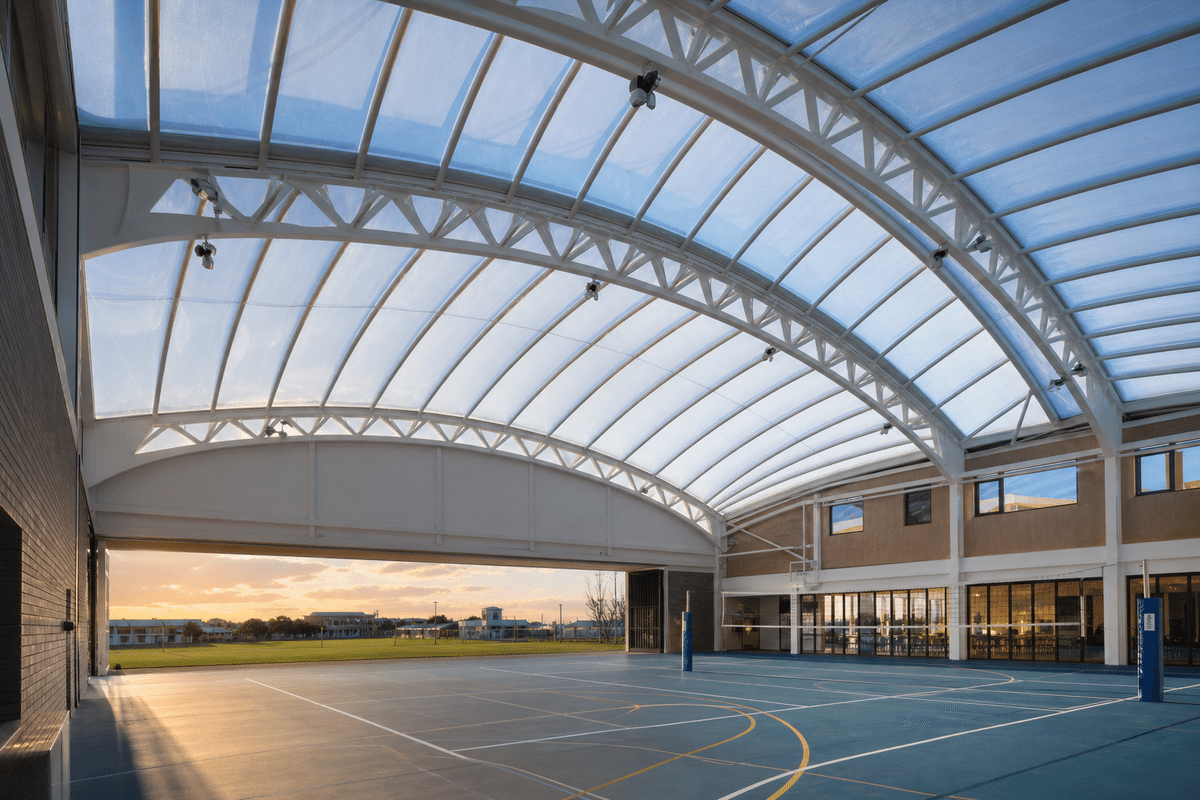 Long-span translucent ETFE roof over a school assembly hall