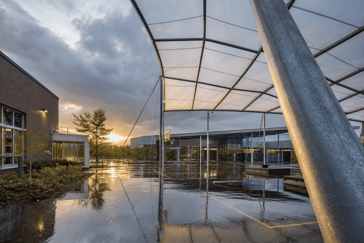 ETFE roof on a school assembly hall under dramatic storm lighting and rain
