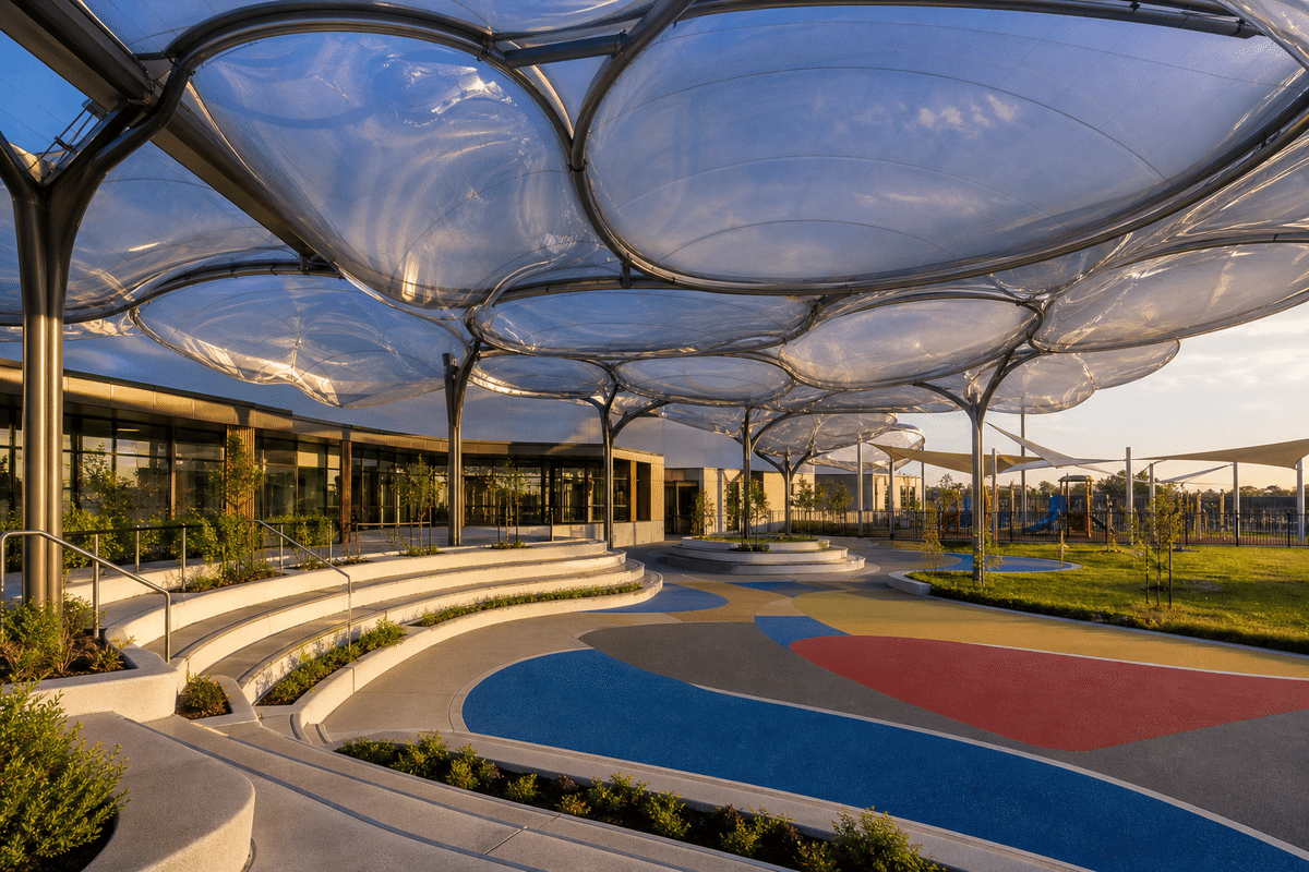 Freeform curved ETFE cushion field on a school assembly hall