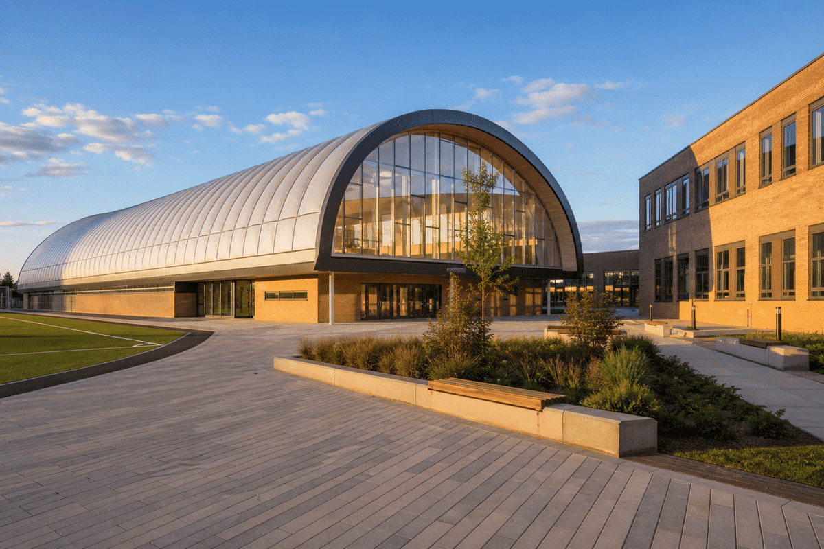 Exterior of a modern school with ETFE roof