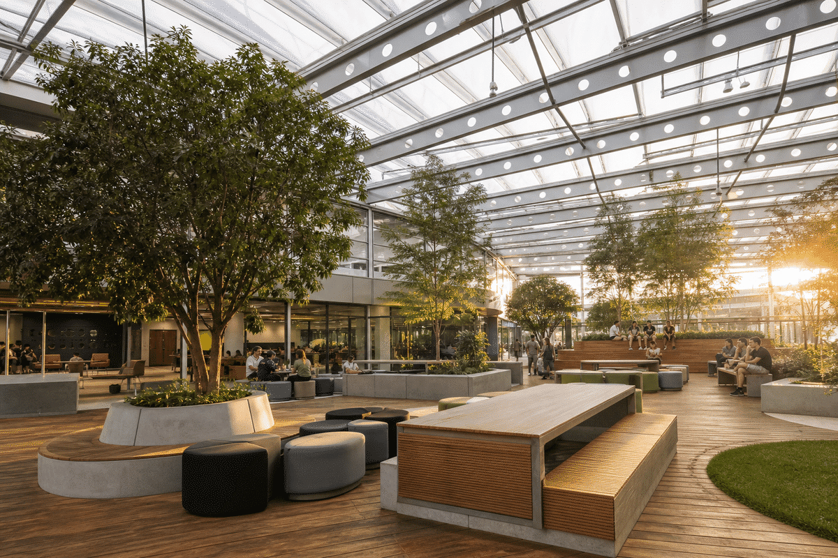 Primary space under a luminous ETFE air cushion roof