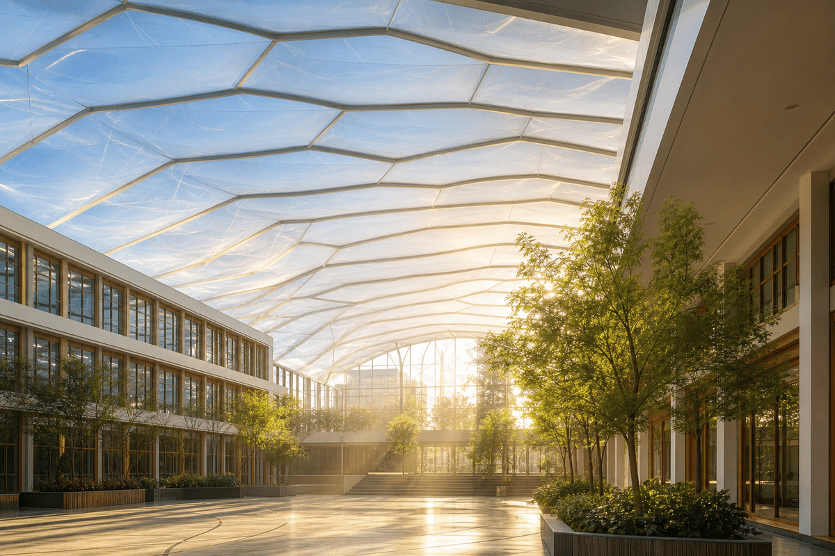 Translucent ETFE ceiling plane washing interiors with daylight