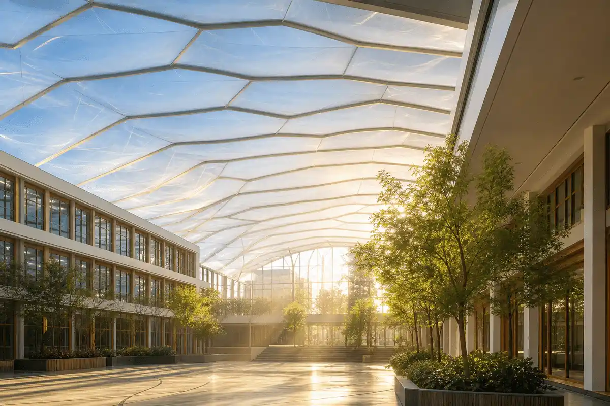 Translucent ETFE ceiling plane washing interiors with daylight — School ETFE Roofing systems