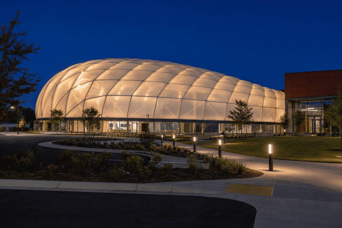 ETFE roof glowing softly at night