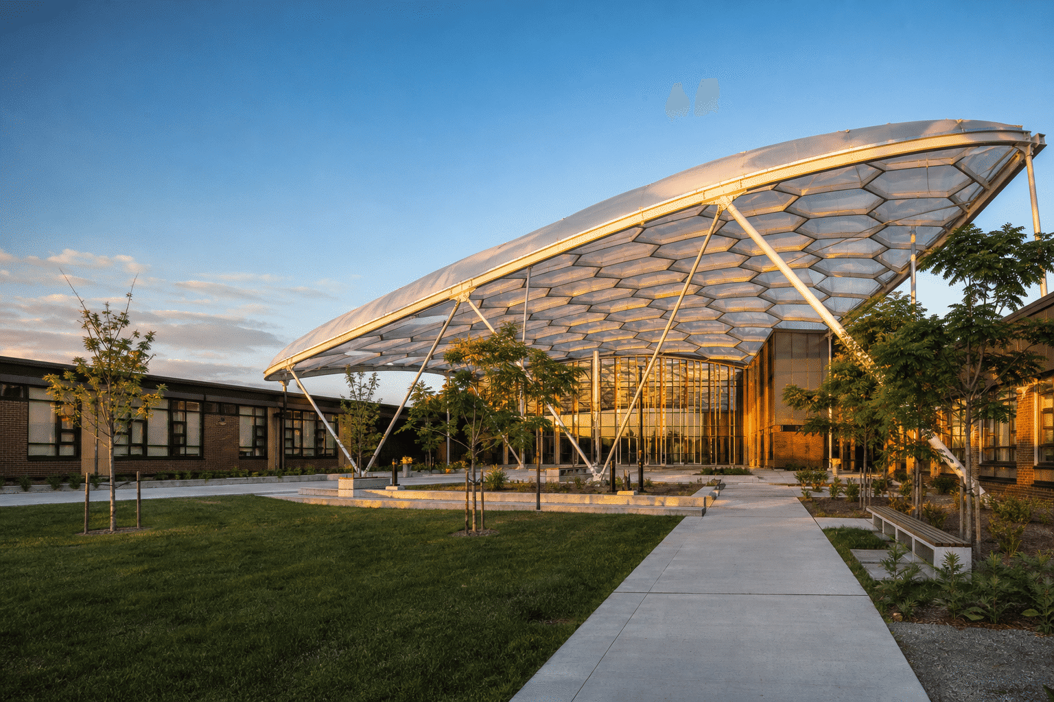 Modern modern school building with translucent ETFE hall roof