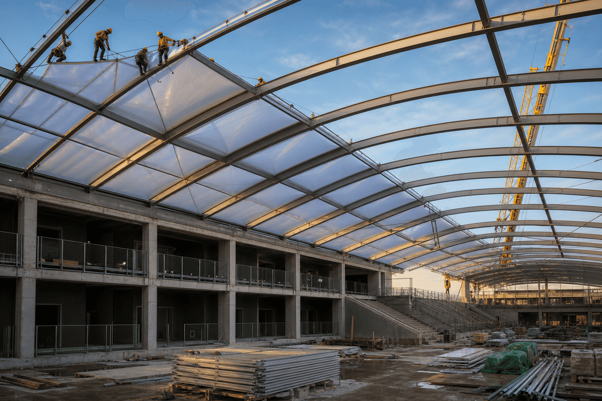 Construction crew installing ETFE cushion modules on a school roof grid