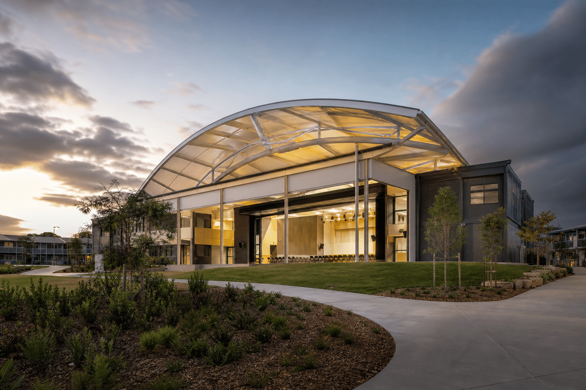 Completed school assembly hall with translucent ETFE roof