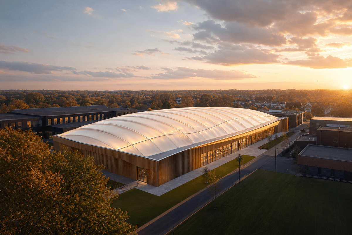 Still of multi-layer ETFE air cushion installation on a school roof