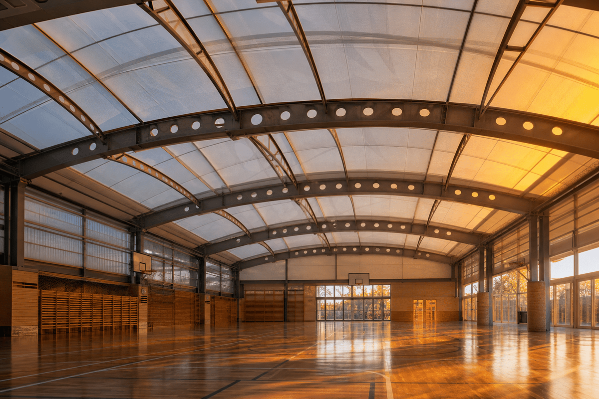 Still of daylight moving across a translucent ETFE school canopy