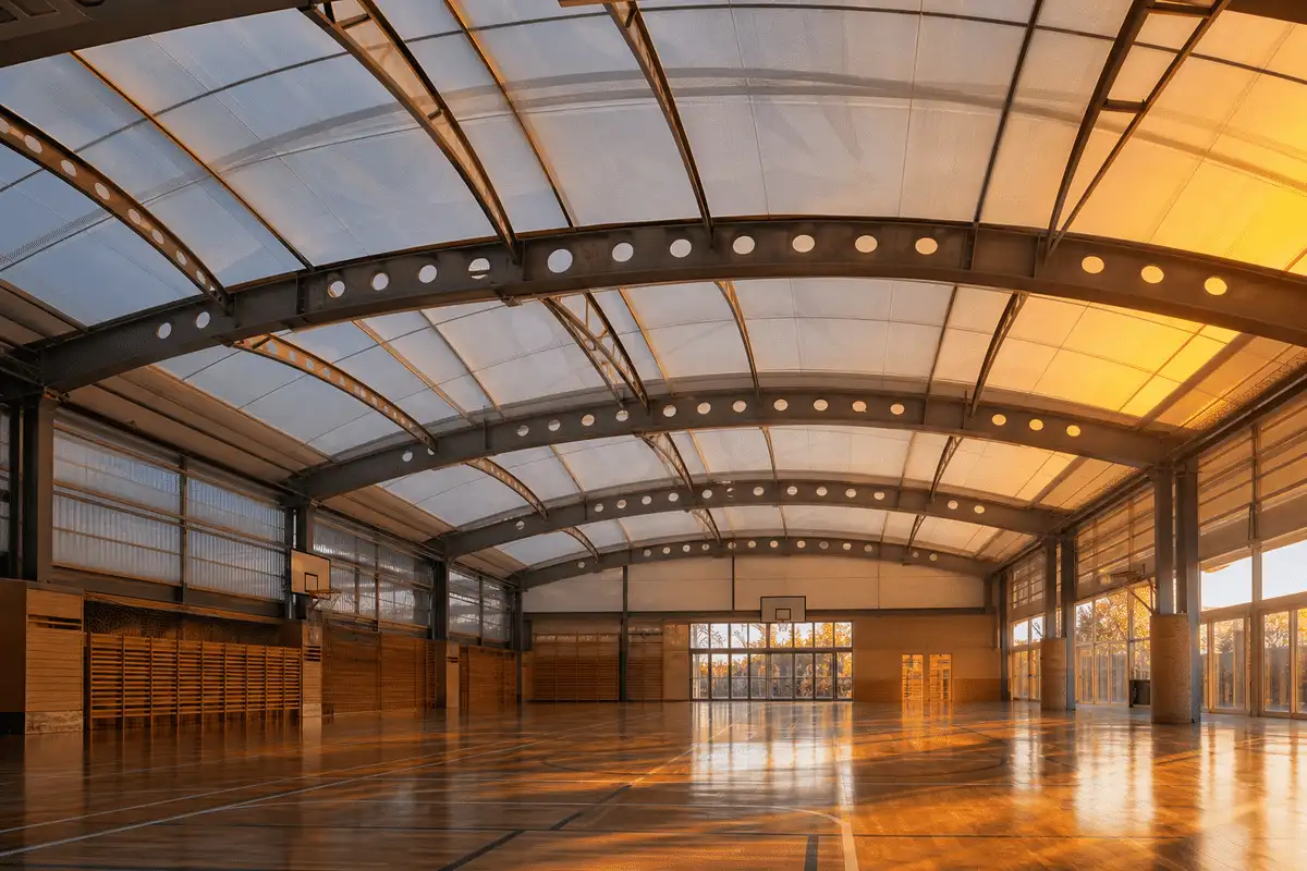 Still of daylight moving across a translucent ETFE school canopy — School ETFE Roofing systems