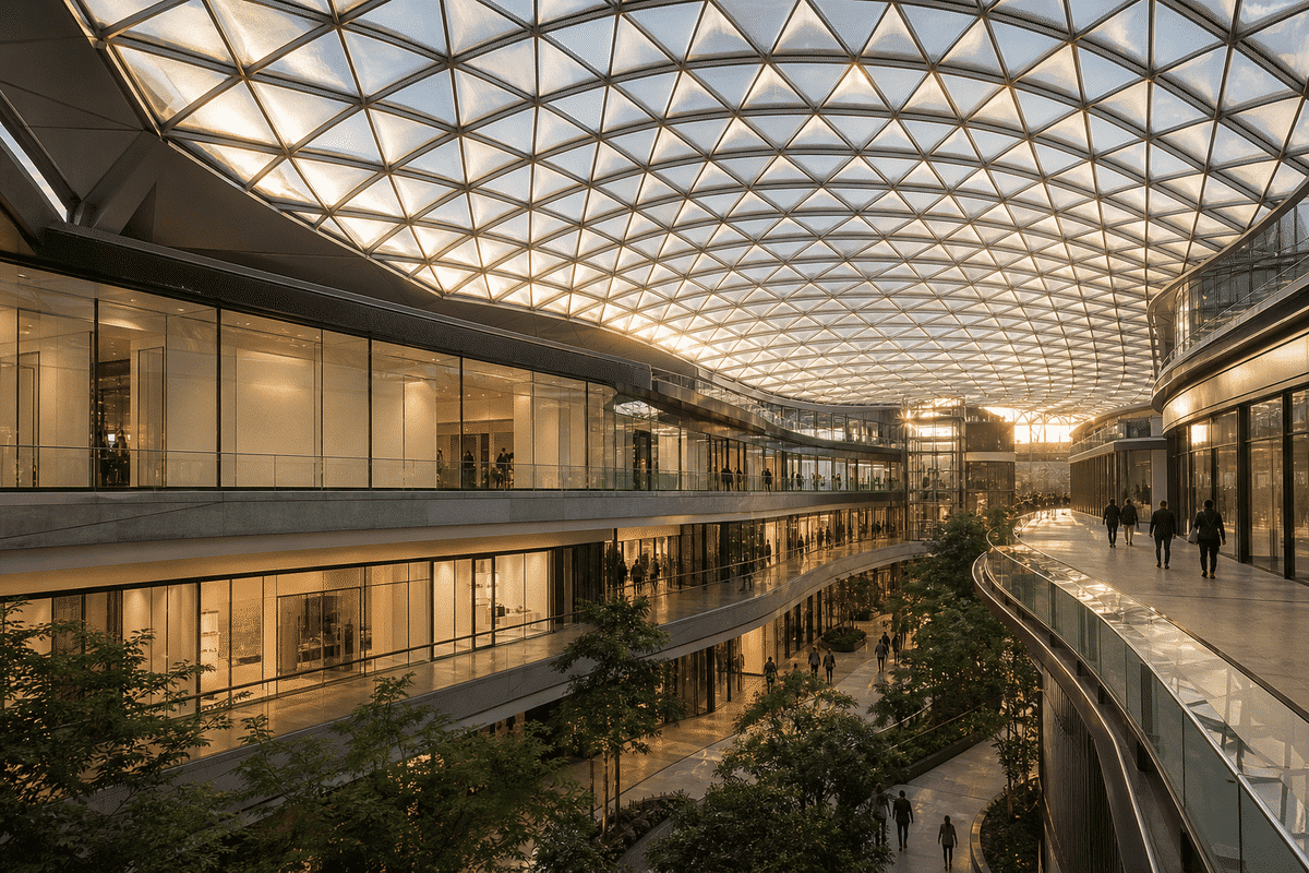 Long-span translucent ETFE atrium roof over a shopping mall
