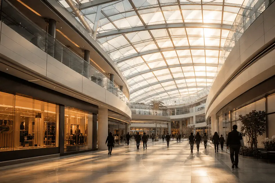 Natural daylight washing a mall atrium through an ETFE roof — Shopping Mall ETFE Roofing systems