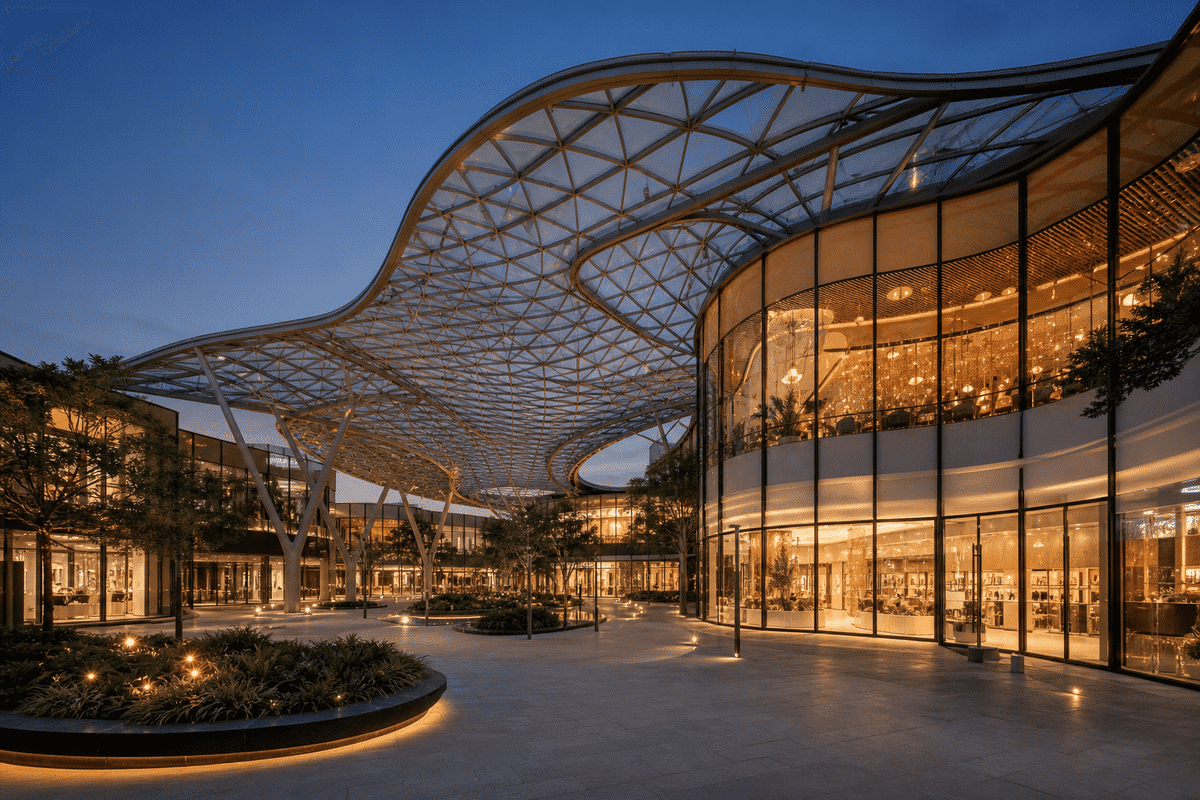 Freeform curved ETFE cushion field on a shopping mall atrium