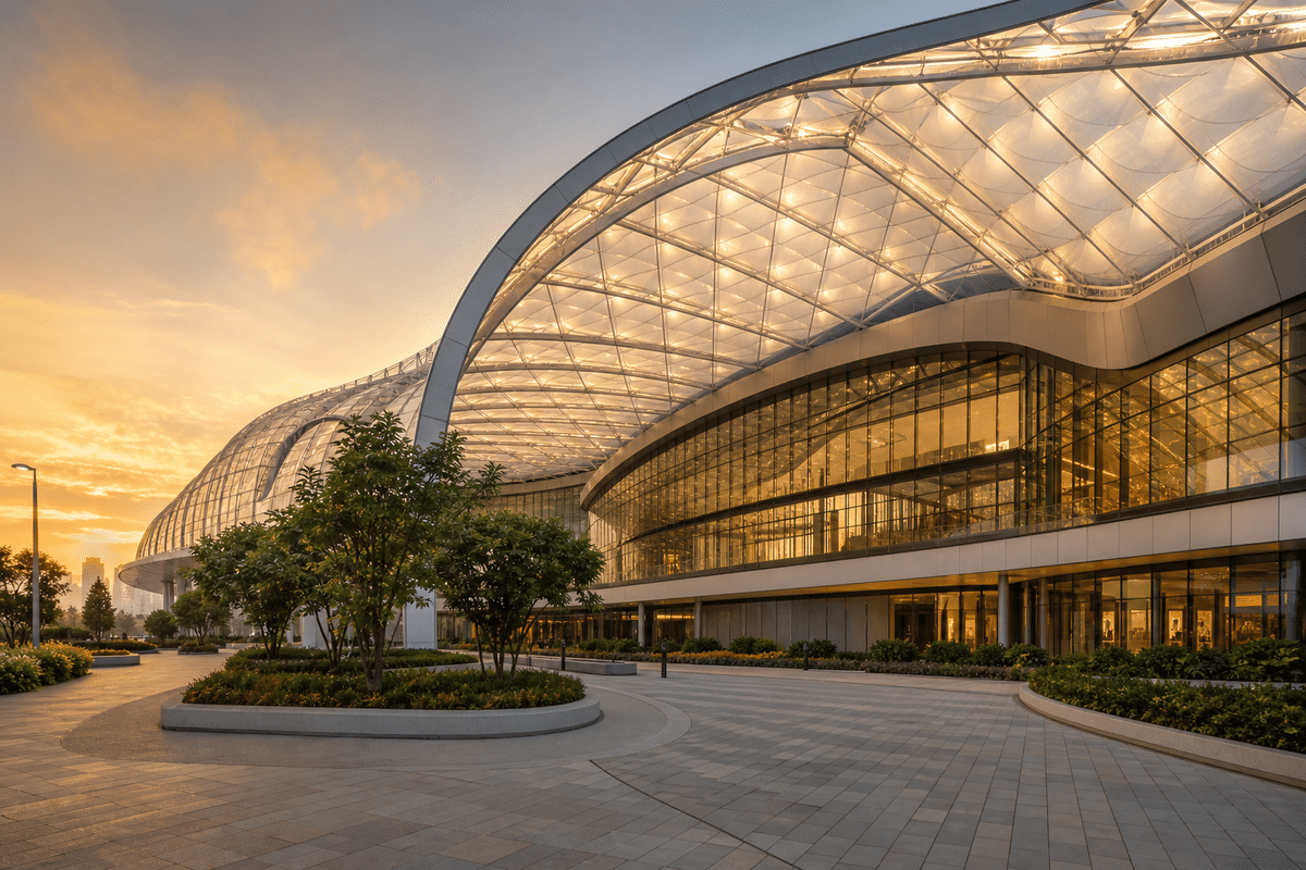 Exterior silhouette of a modern shopping mall ETFE atrium roof