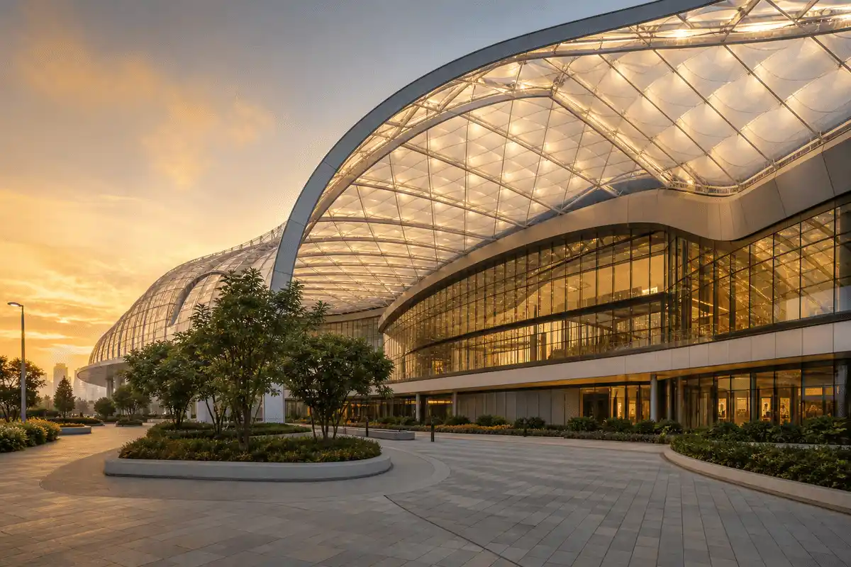 Exterior silhouette of a modern shopping mall ETFE atrium roof — Shopping Mall ETFE Roofing systems