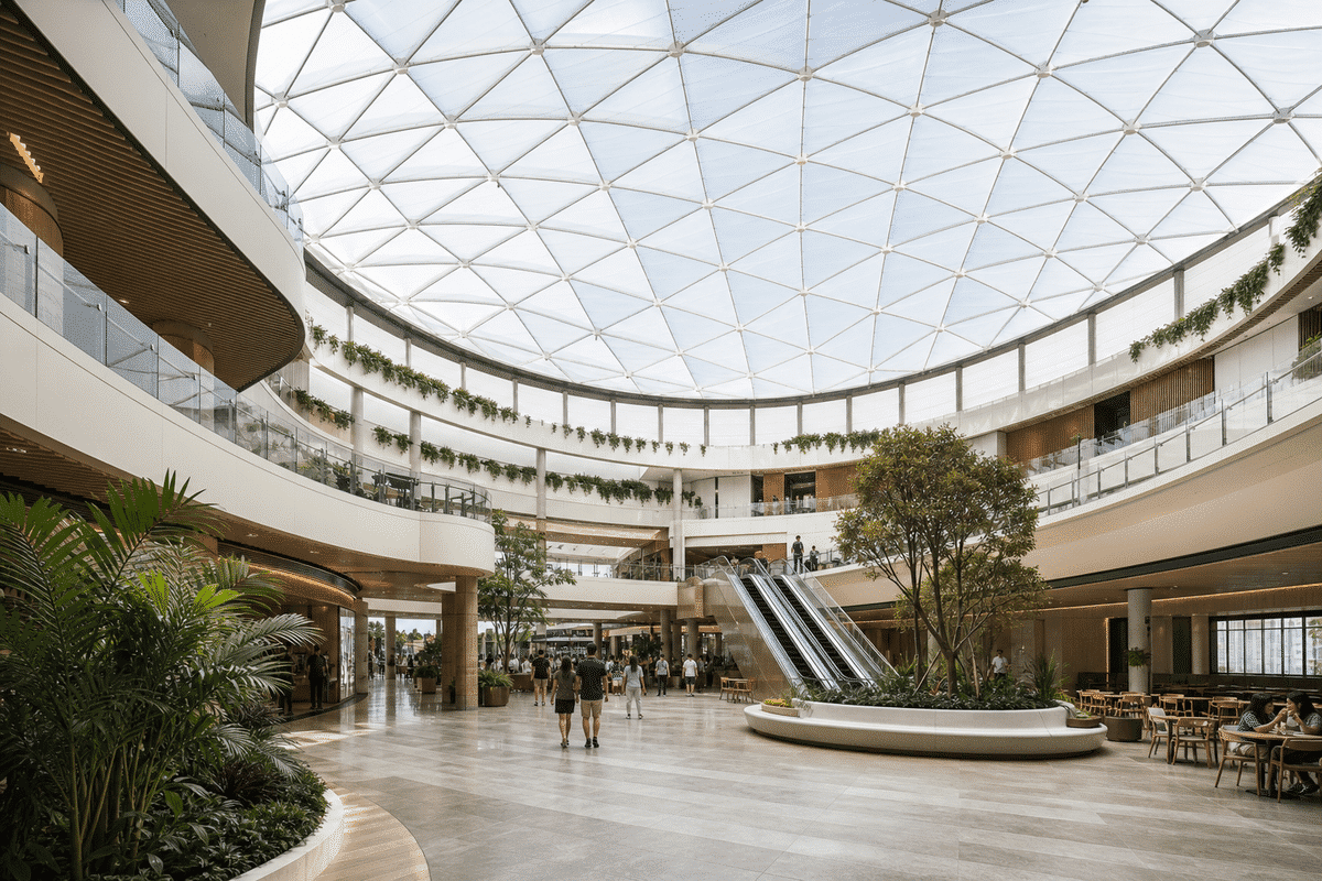 Mall interior looking up at a daylit ETFE cushion roof