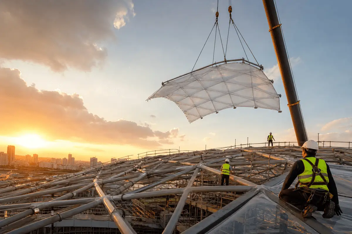 Construction stage installing ETFE modules on mall steel grid — Shopping Mall ETFE Roofing systems