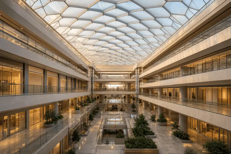 Completed shopping mall with finished ETFE roof envelope — Shopping Mall ETFE Roofing systems