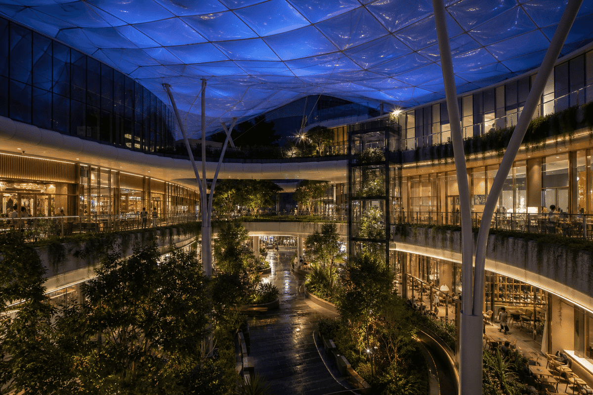 Night view of mall atrium softly glowing through ETFE roof