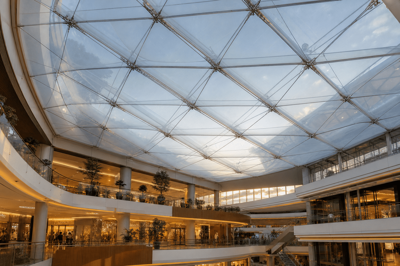 Luminous shopping mall atrium looking up through translucent ETFE cushions