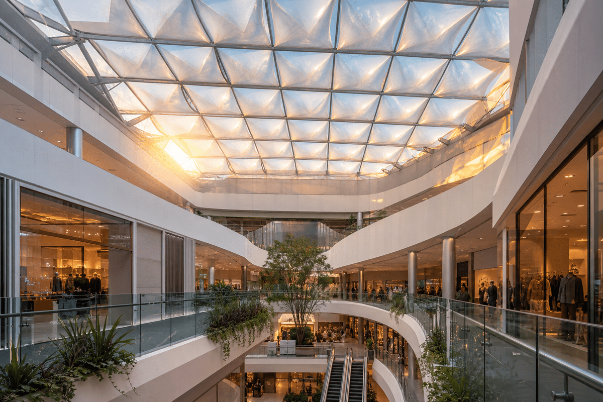 Daylit retail atrium under a translucent ETFE air cushion roof