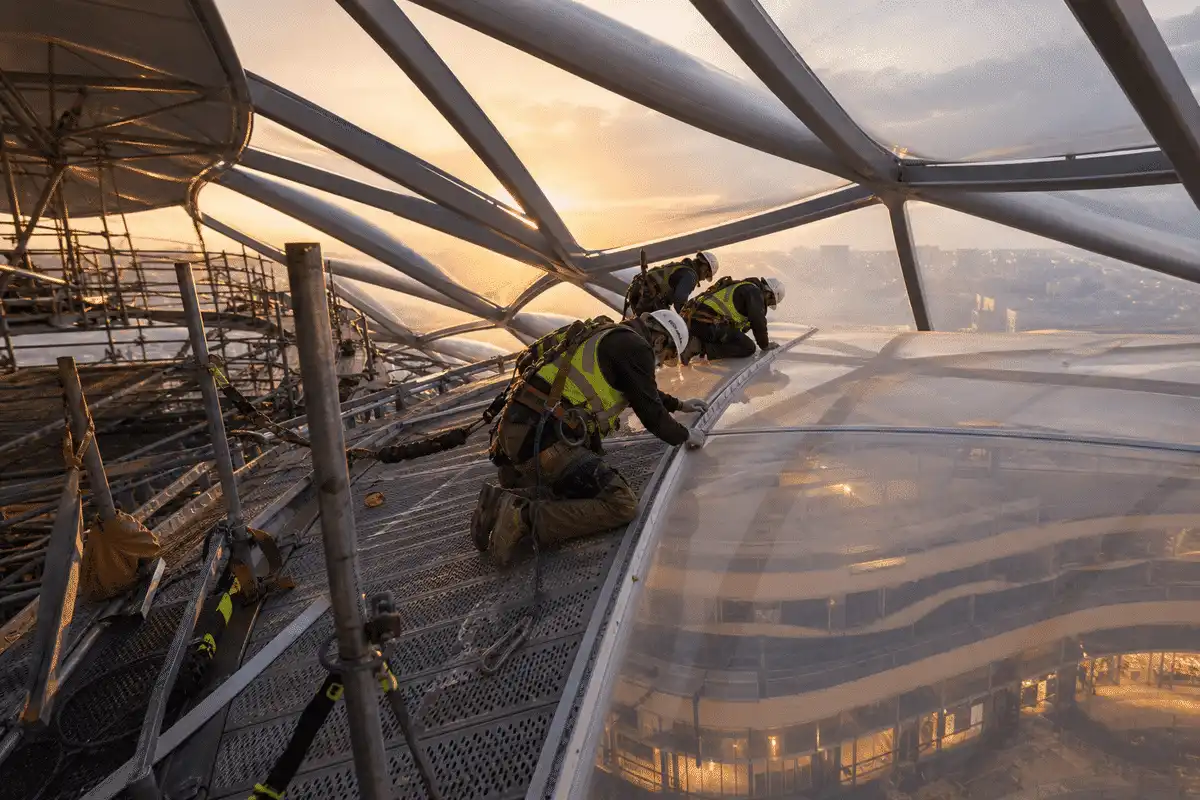 Construction crew installing ETFE cushion modules on a shopping mall roof grid — Shopping Mall ETFE Roofing systems