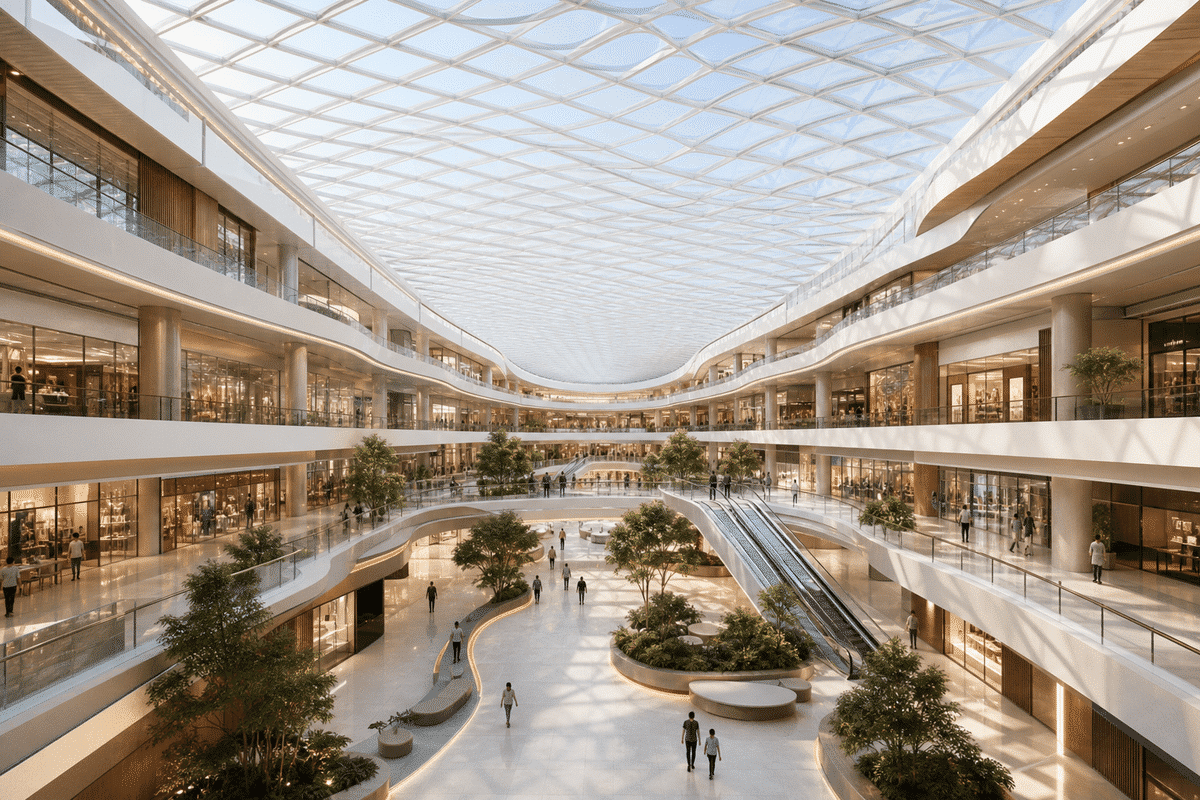 Completed shopping mall atrium with translucent ETFE roof